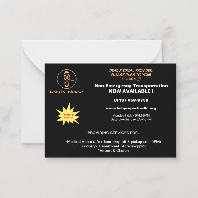 L.W.H. Properties, LLC. mail flyer for providers Note Card (Front)