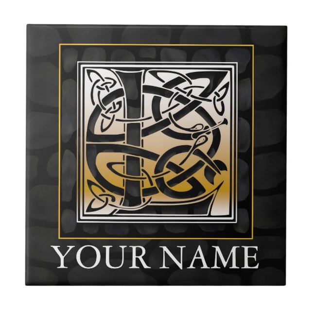L "Your Name" Celtic Black Stone Monogram Tile (Front)
