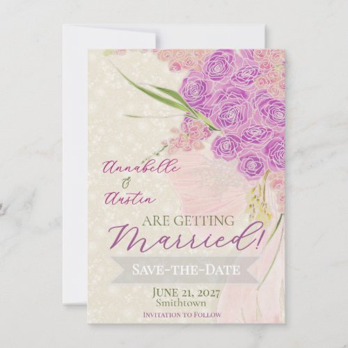 La Boca Rosa Gold sheer bow Bouquet  Save-the-Date Invitation