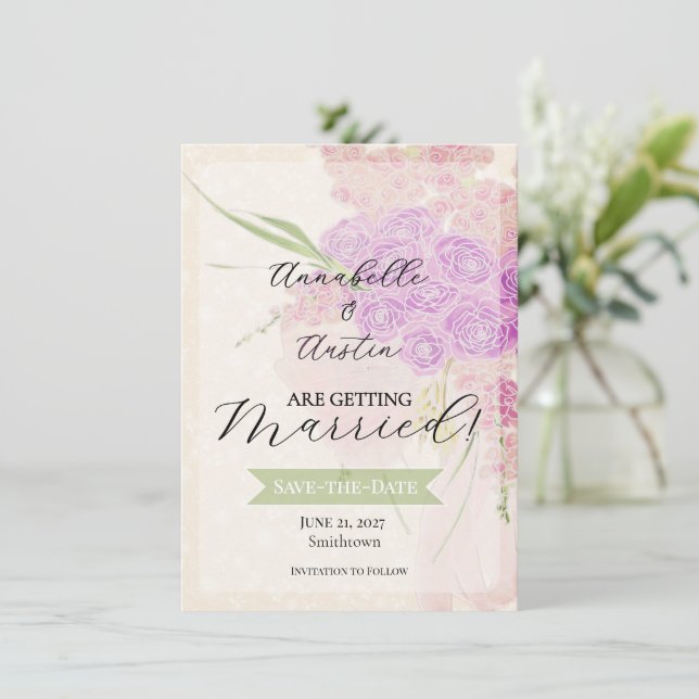 La Boca Rosa Gold sheer bow Bouquet  Save-the-Date Invitation (Standing Front)