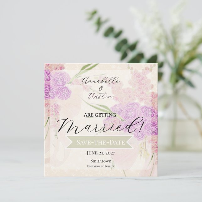 La Boca Rosa Golden sheer bow Bouquet SQ. Save The Date (Standing Front)