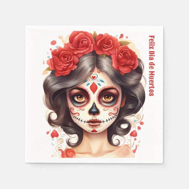 La Calavera Catarina💀 en Flores Rojas 🌹 Napkins (Front)