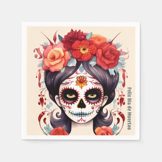 La Calavera Catarina en Flores Rojas 🌹 Napkins (Front)