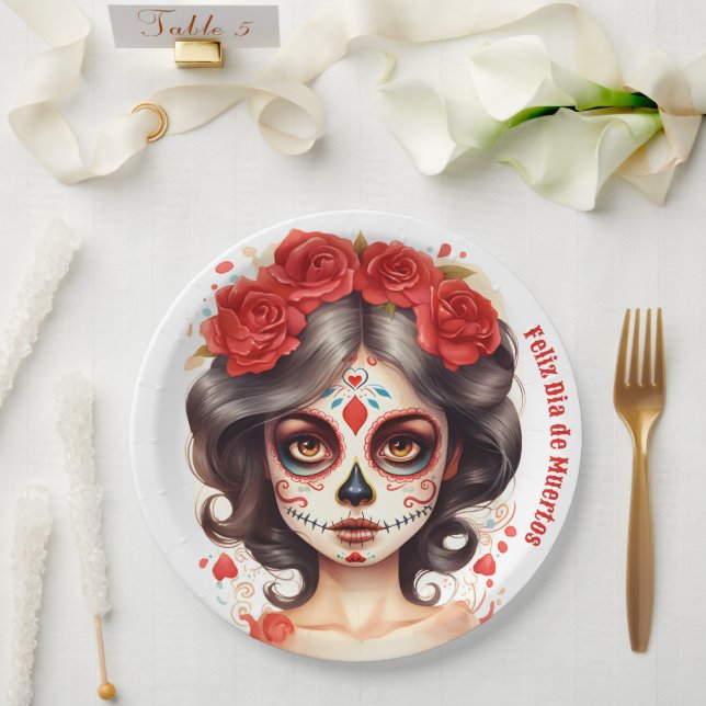 La Calavera Catarina💀 en Flores Rojas 🌹 Paper Plates (Wedding)