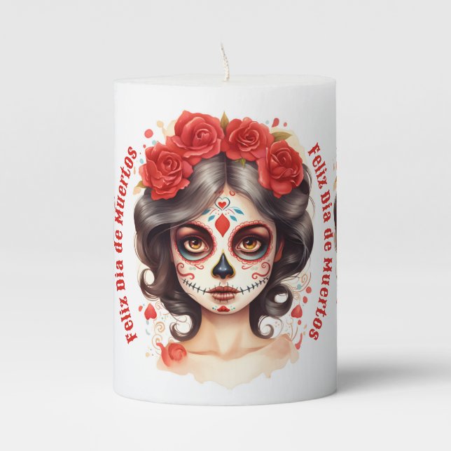 La Calavera Catarina💀 en Flores Rojas 🌹 Pillar Candle (Front)