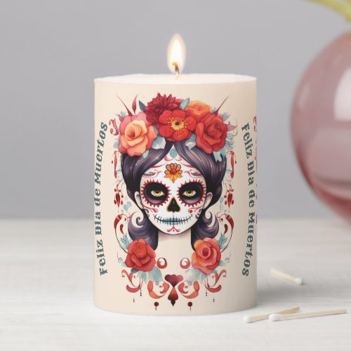 La Calavera Catarina en Flores Rojas  Pillar Candle