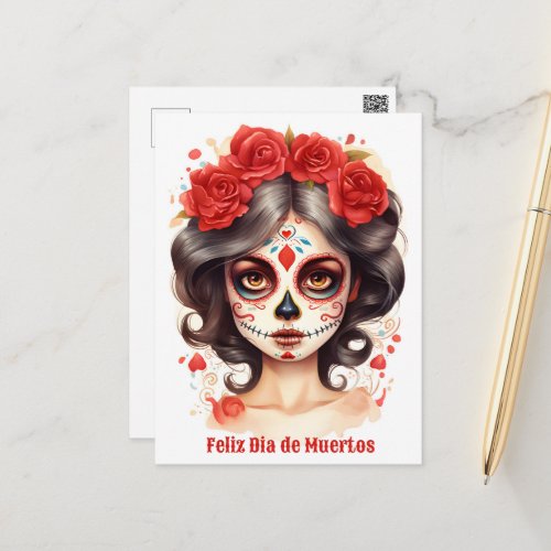 La Calavera Catarina en Flores Rojas  Postcard