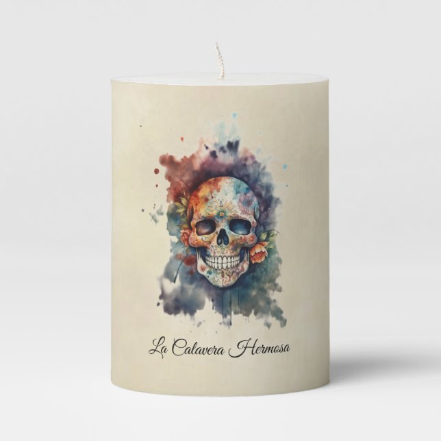 La Calavera Hermosa, custom Pillar Candle (Front)
