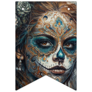 La Catrina Azul Dia de los Muertos Sugar Skull Bunting Flags