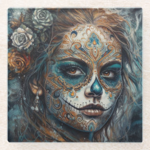 La Catrina Azul Dia de los Muertos Sugar Skull Glass Coaster