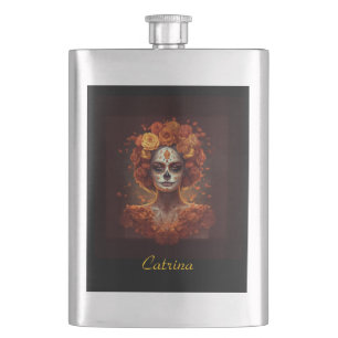 La Catrina Marigold Dia de los Muertos Sugar Skull Flask