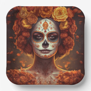 La Catrina Marigold Dia de los Muertos Sugar Skull Paper Plates