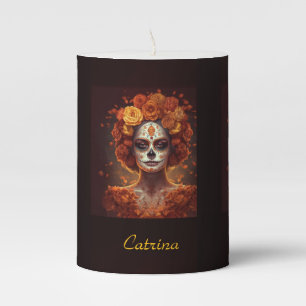 La Catrina Marigold Dia de los Muertos Sugar Skull Pillar Candle