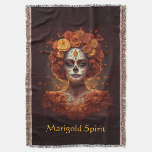 La Catrina Marigold Dia de los Muertos Sugar Skull Throw Blanket