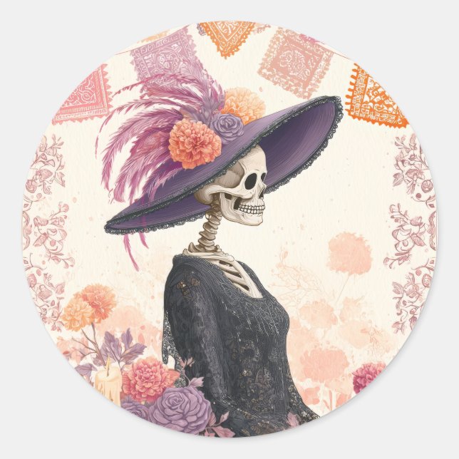 La Catrina Skeleton Lady Day of the Dead Decoupage Classic Round Sticker (Front)