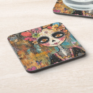 La Catrina Skeleton With Flower Crown Beverage Coaster