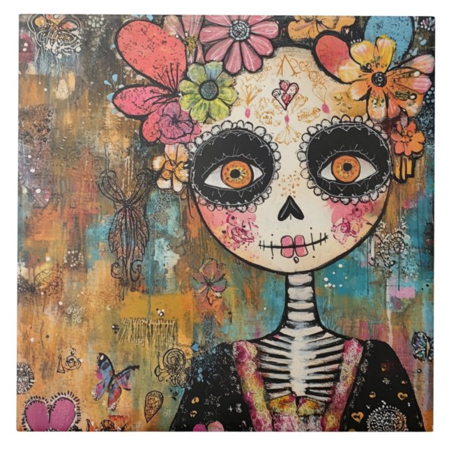 La Catrina Skeleton With Flower Crown Ceramic Tile (Front)