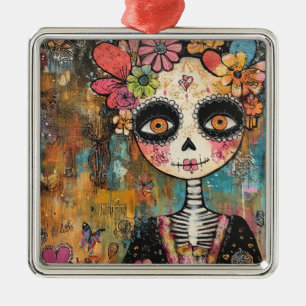 La Catrina Skeleton With Flower Crown Metal Ornament