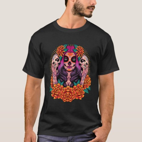 La Catrina Skull Flowers Dia De Los Muertos T_Shirt