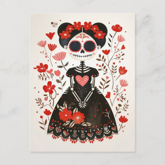 La Catrina with Flowers Whimsical Day of The Dead Postcard (Front)