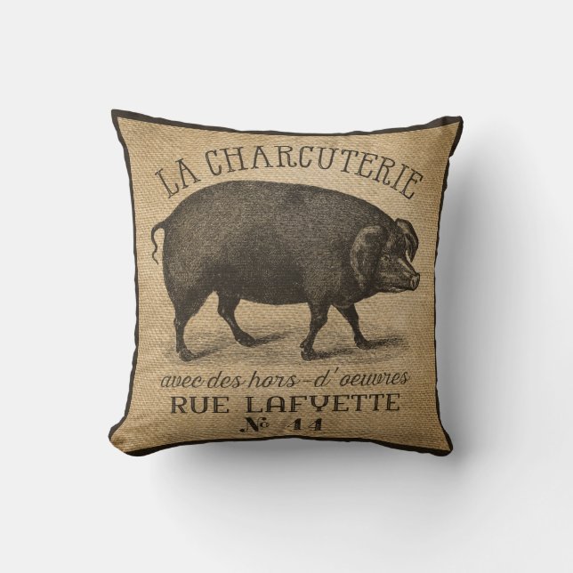 LA CHARCUTERIE Pig Vintage Burlap French Throw Pillow (Front)