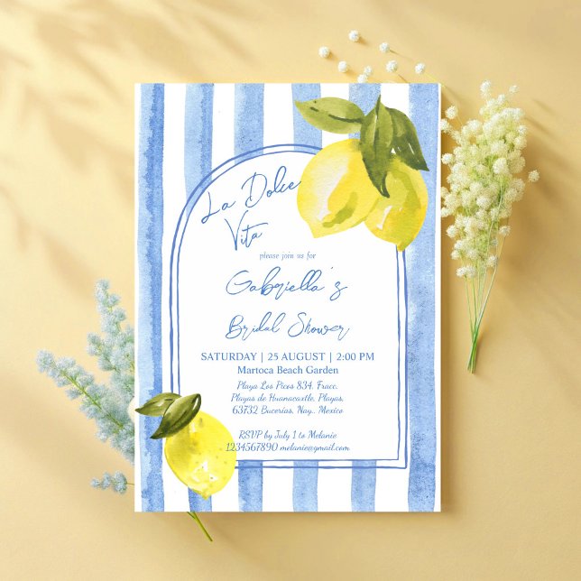 La Dolce Vita blue stripes lemons bridal shower Invitation (La Dolce Vita blue stripes lemons Italian bridal shower Invitation cards template)