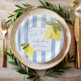 La Dolce Vita blue stripes lemons bridal shower Paper Plates