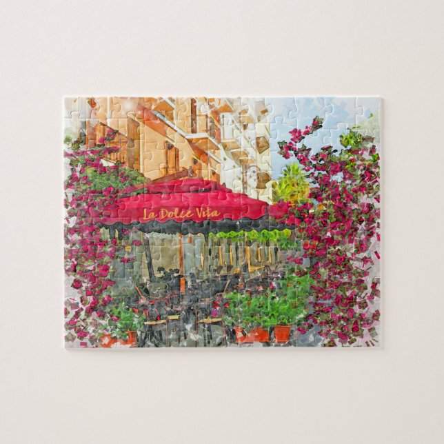 La Dolce Vita Cafe In Italy Watercolor Puzzle (Horizontal)
