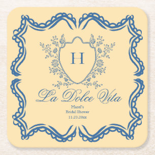 La Dolce Vita Floral Crest Yellow Bridal Shower Square Paper Coaster