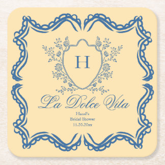 La Dolce Vita Floral Crest Yellow Bridal Shower Square Paper Coaster