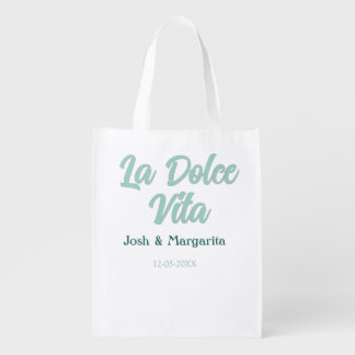 La Dolce Vita green blue pastel name date wedding Grocery Bag