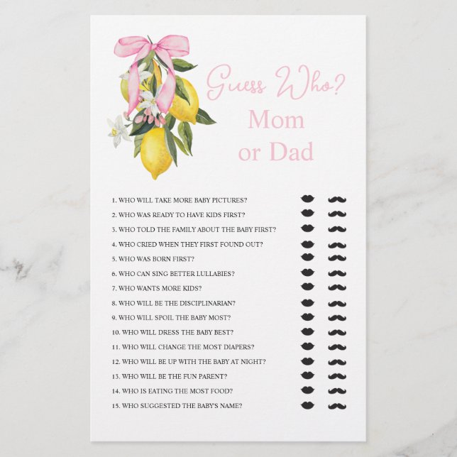 La dolce vita lemon Baby Shower Guess Who Game Flyer (Front)