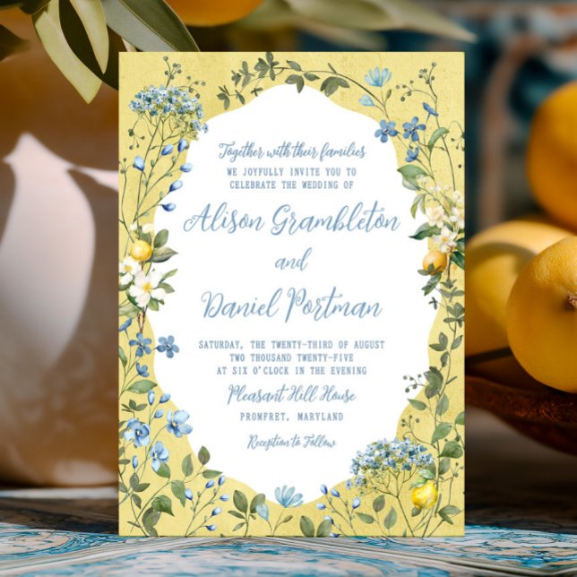 La Dolce Vita Lemon Floral Wedding Invitation (Celebrate your big day with this lemon and wildflower invite inspired by vibrant Italian living. )