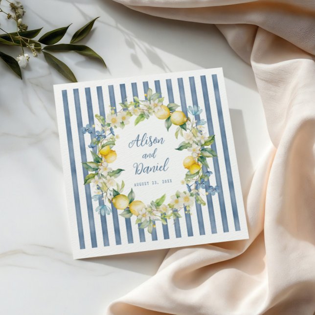 La Dolce Vita Lemon Floral Wedding Paper Napkin (Chic striped wedding napkins that add a fresh pop of citrus to your tables.)