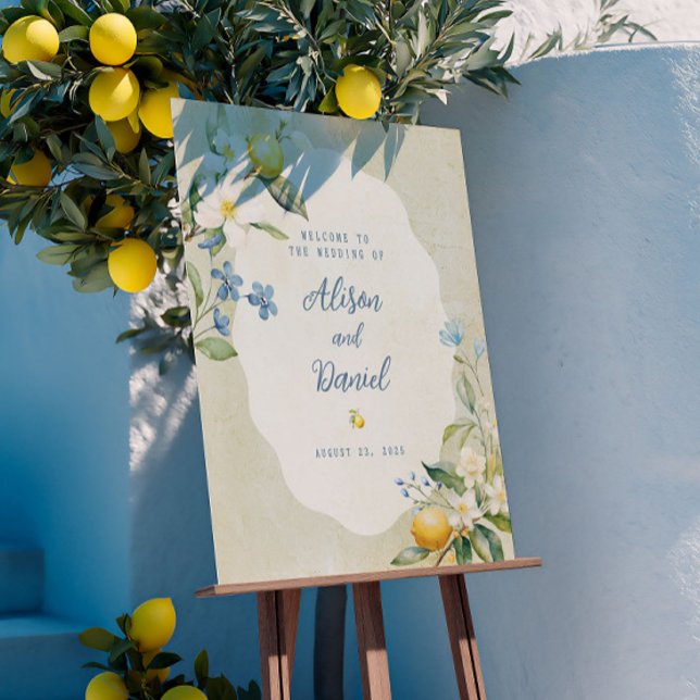 La Dolce Vita Lemon Floral Wedding Welcome Sign (Welcome guests in style with a cheerful lemon floral wedding sign.)