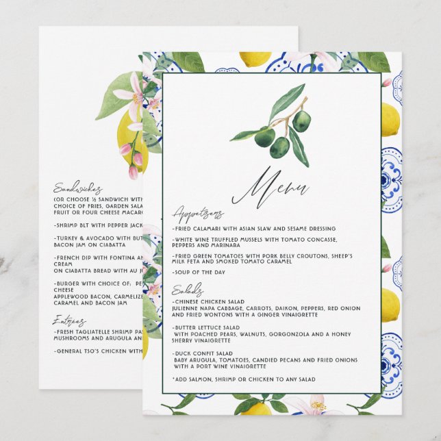 La Dolce Vita Lemon & Olive Mediterranean Wedding Menu (Front/Back)