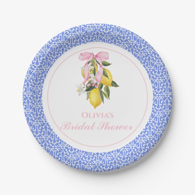La Dolce Vita Lemon Pink Bow Bridal Shower Paper Plates (Front)