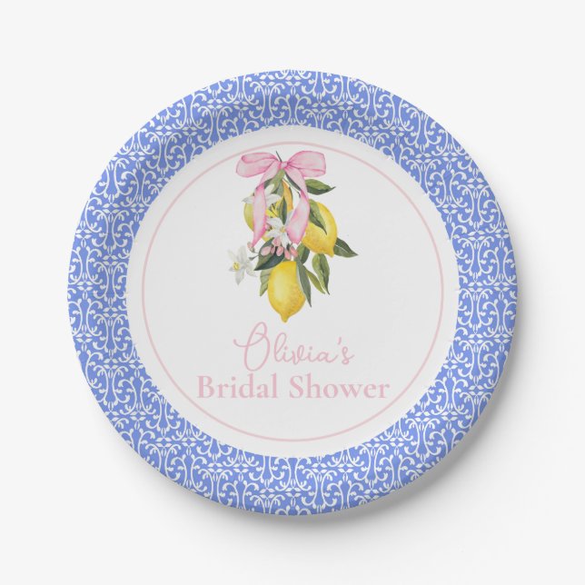 La Dolce Vita Lemon Pink Bow Bridal Shower Paper Plates (Front)