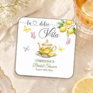 La Dolce Vita Lemon Teapot Bridal Shower Square Paper Coaster