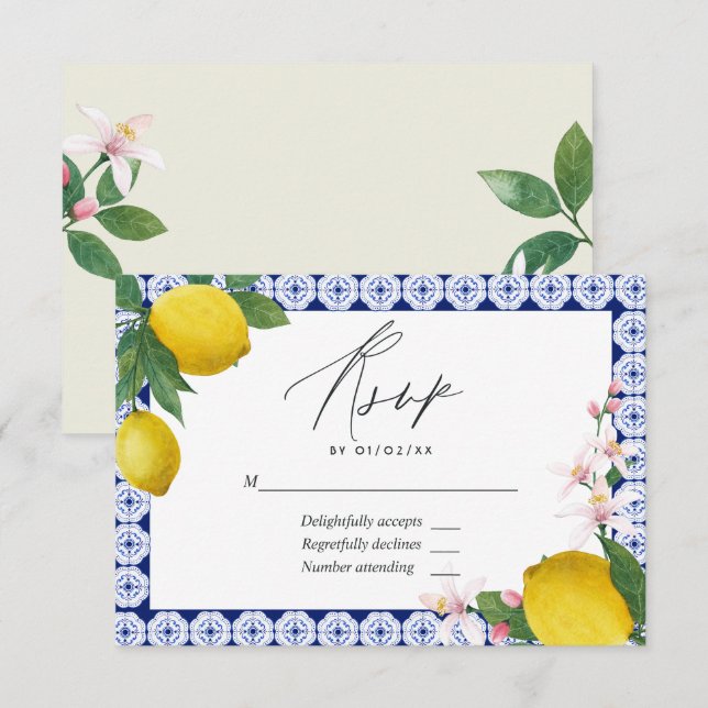 "La Dolce Vita" Lemon Tile Italian Wedding RSVP Card (Front/Back)