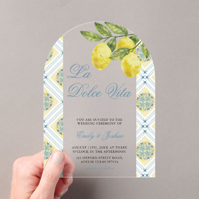 La Dolce Vita Modern Lemon Wedding Arch  Acrylic Invitations (Insitu (Handheld))