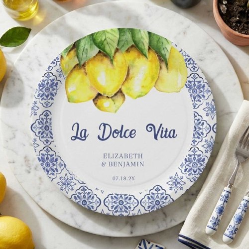 La Dolce Vita Wedding Mediterranean Blue Tiles Paper Plates