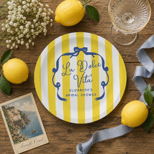 La Dolce Vita Yellow Stripe Bridal Shower Paper Plates