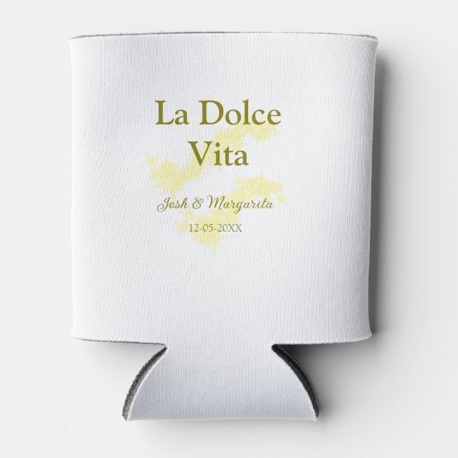 La Dolce Vita yellow wedding couple Name date glit Can Cooler (Front)