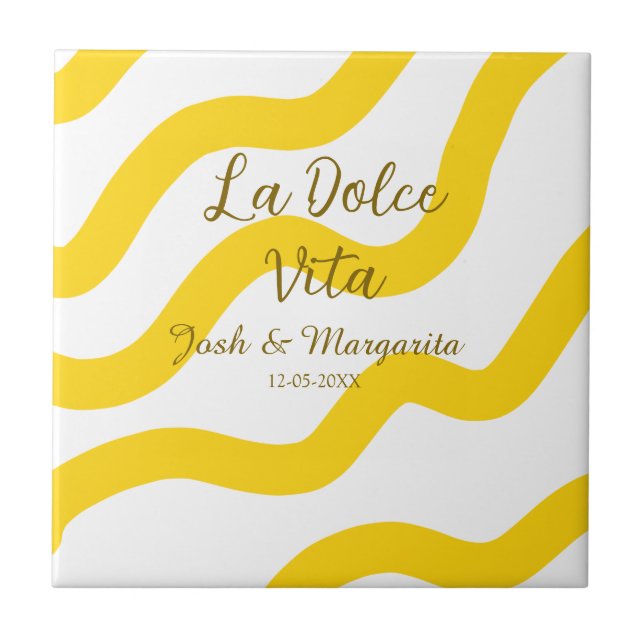 La Dolce Vita yellow wedding couple Name date glit Ceramic Tile (Front)