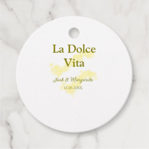 La Dolce Vita yellow wedding couple Name date glit Favor Tags
