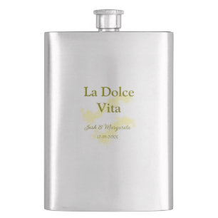 La Dolce Vita yellow wedding couple Name date glit Flask