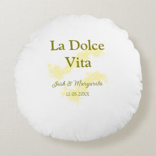 La Dolce Vita yellow wedding couple Name date glit Round Pillow