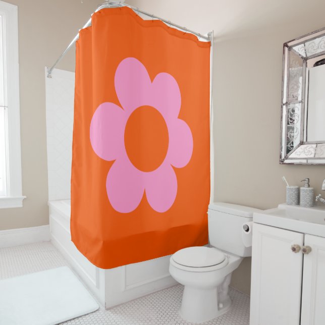 La Fleur 01 Retro Floral Orange Pink Preppy Flower Shower Curtain (In Situ)