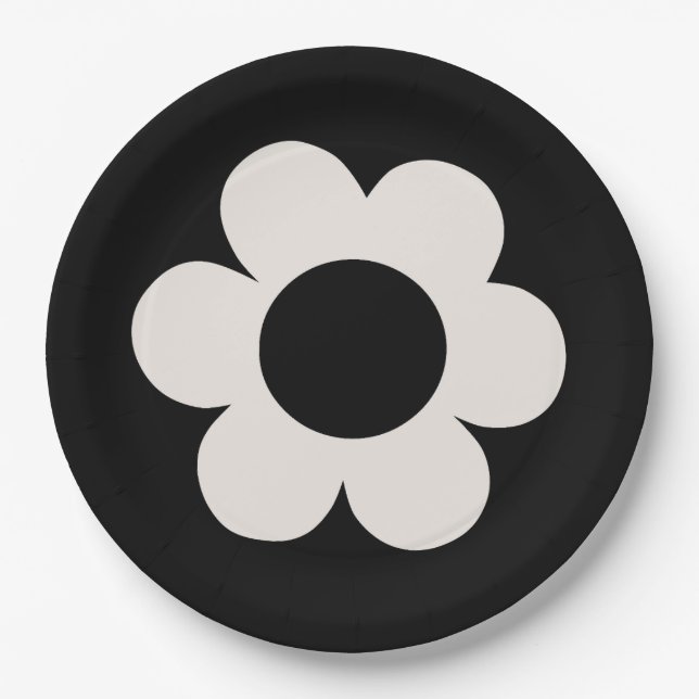 La Fleur 06 Retro Floral Black And White Flower Paper Plates (Front)